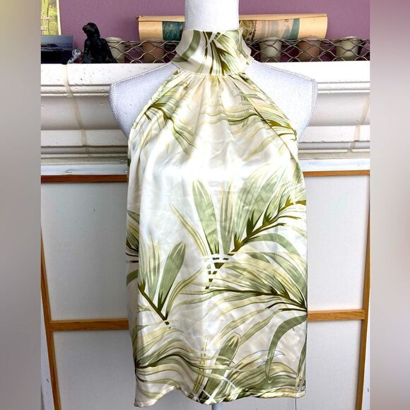 Rachel Zoe glamorous back tie neck bow cream w/green plants - Picture 1 of 7